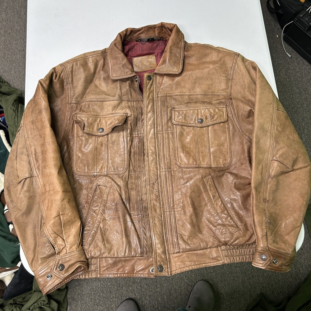Levi's Leather Bomber Jacket Mens Large Brown Distressed Full Zip Vintage G2